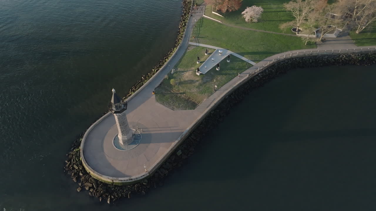 Aerial view of Roosevelt Island. Shot above New York City’s East River at sunrise.
