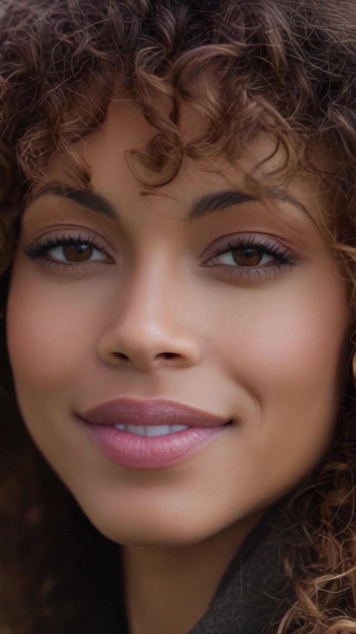 Charming portrait of a young woman with curly hair, showcasing her captivating smile and expressive eyes against a soft, natural background in a close-up shot.