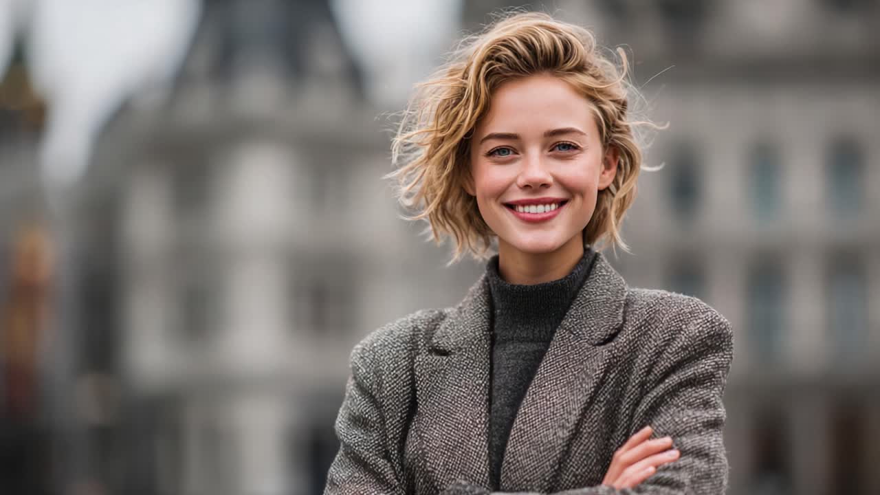A Confident Young Woman Smiling Radiantly in a Stylish Outfit Against a Blurred Urban Background in Two Captivating Video Frames