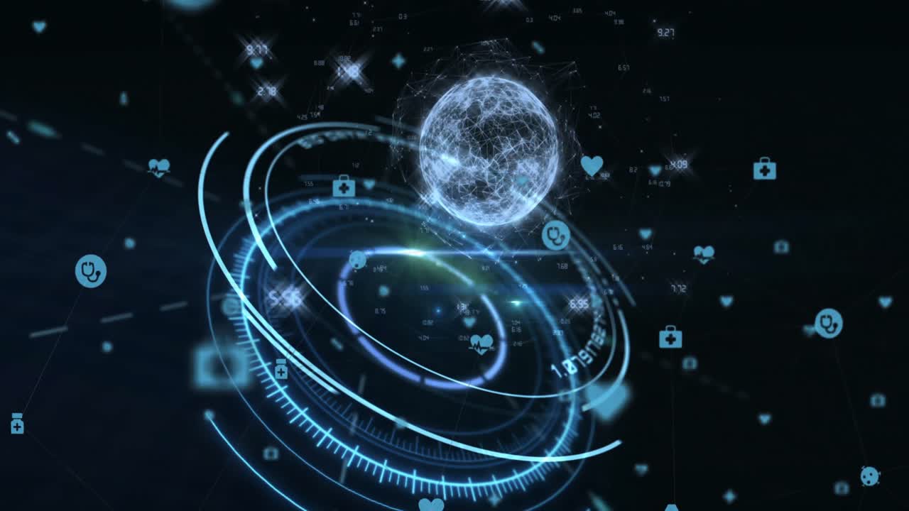 검은 바탕에 움직이는 아이콘을 가진 연결의 웹의 디지털 복합 비디오