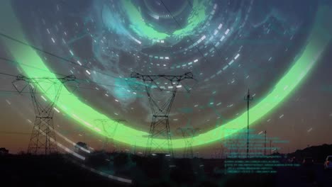 animation of data processing and world map over electricity pylons