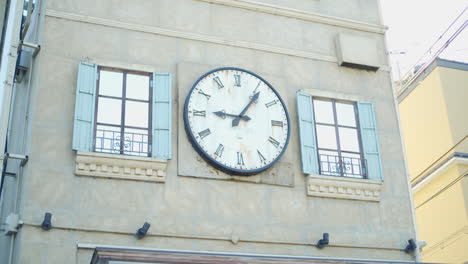 Big-clock-on-a-European-architect-building-in-Kyoto,-Japan-soft-lighting
