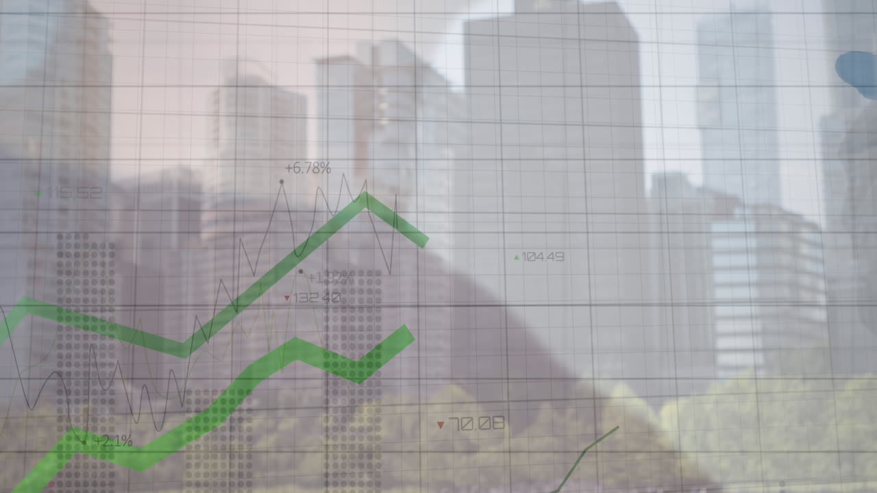 animación de líneas verdes y procesamiento de datos financieros sobre la ciudad