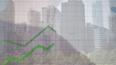 animation of green lines and financial data processing over city