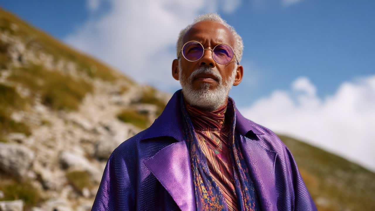 Una persona elegante con un vivace abito viola sullo sfondo di un panorama suggestivo, che trasuda sicurezza e un senso unico della moda all'aria aperta