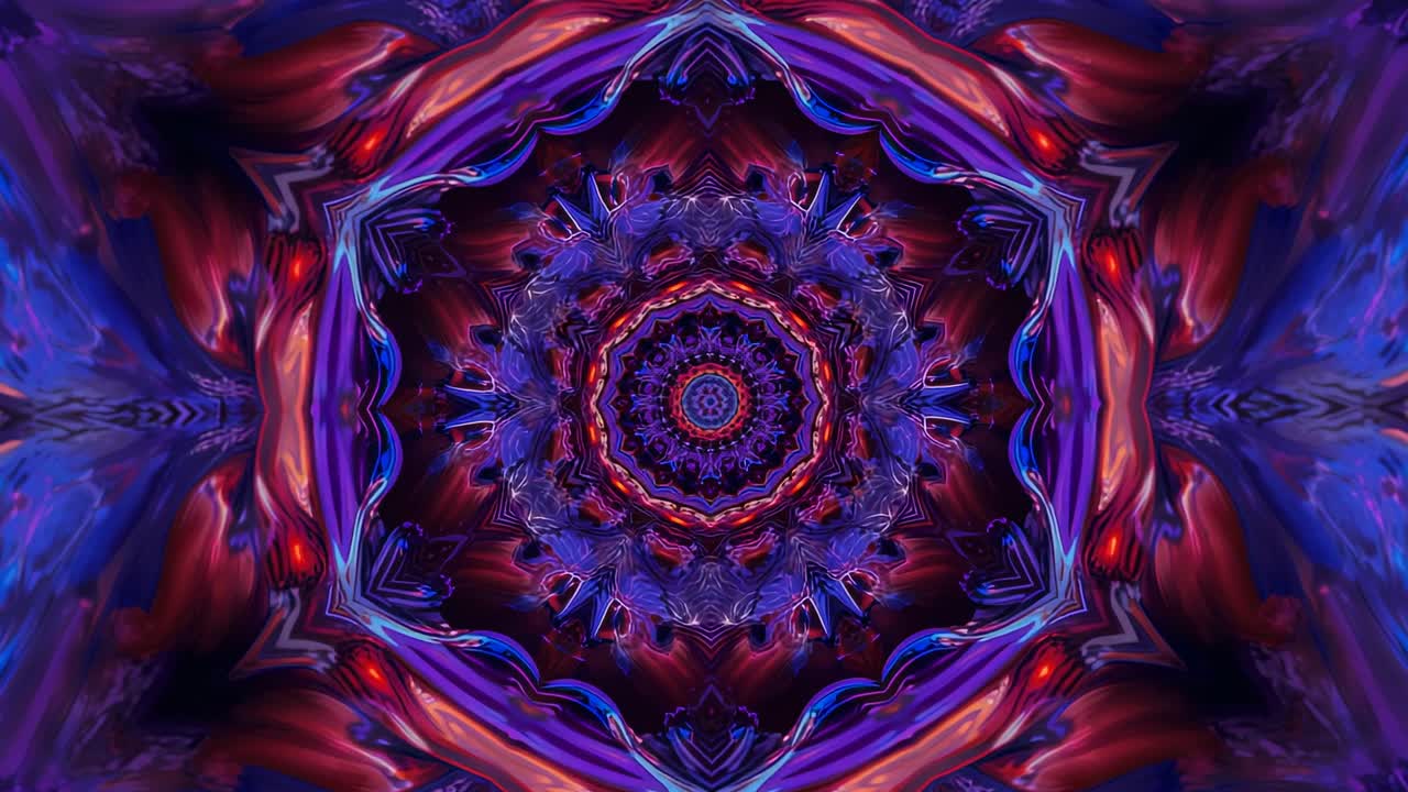 Sequence initiating kaleidoscopic fractal pattern rotating and pulsing on canvas for visual loop