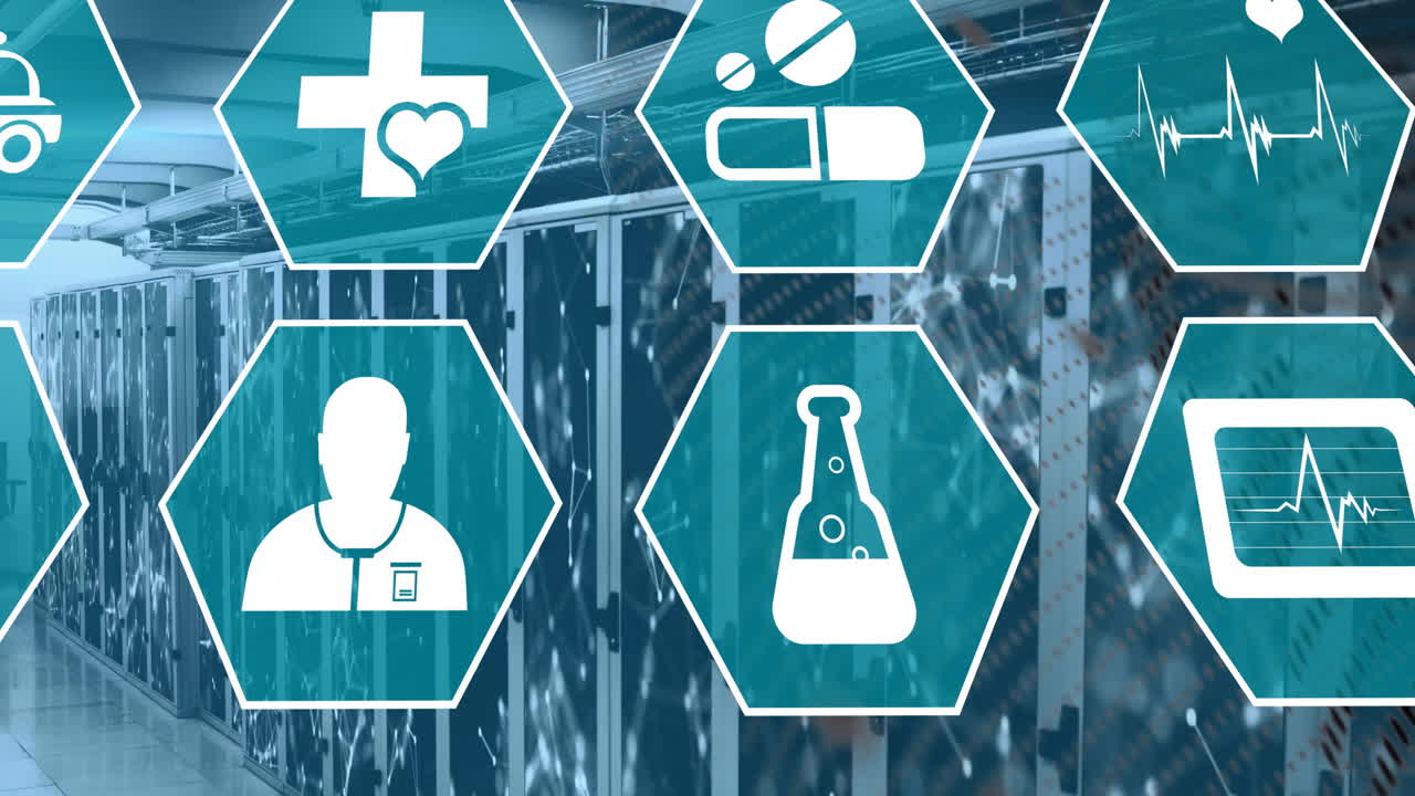 의료 아이콘의 애니메이션 및 컴퓨터 서버를 통해 데이터 처리