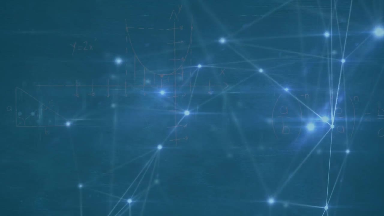 Animation of network of connections and mathematical equations over blue background