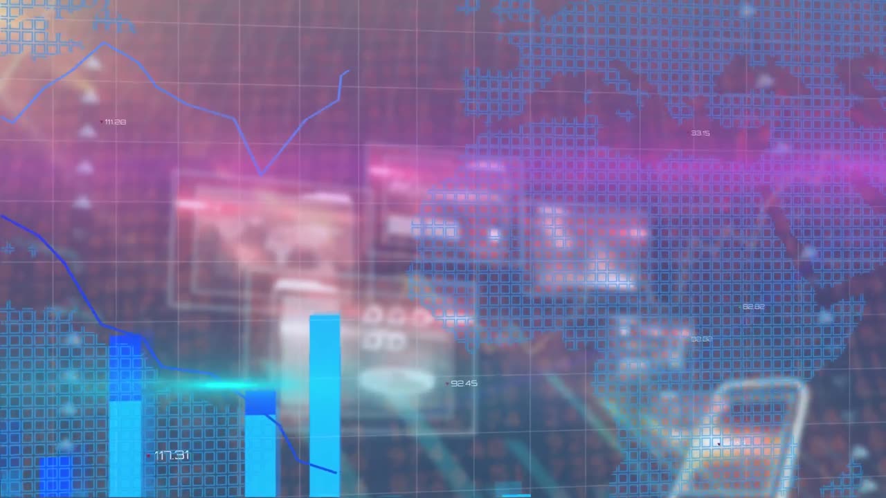 animación de la interfaz digital con el mapa del mundo sobre los jugadores de fútbol