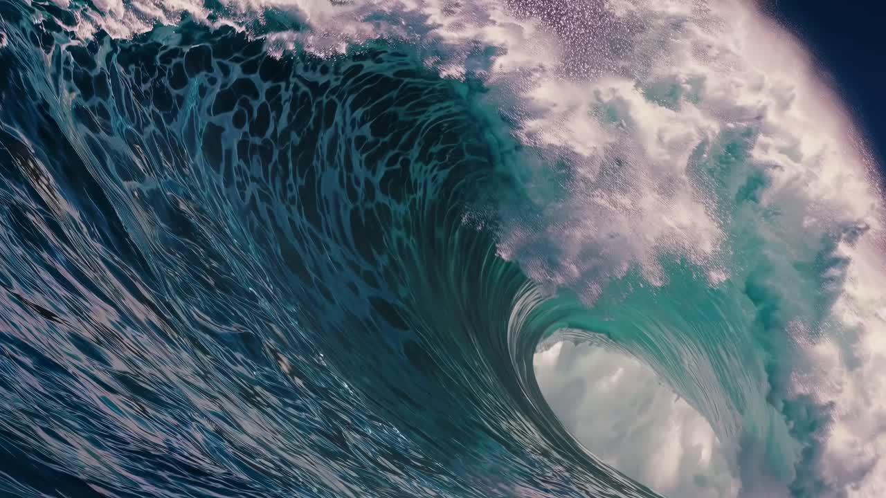 Dynamic close-up video of a powerful ocean wave curling, captured from a low angle