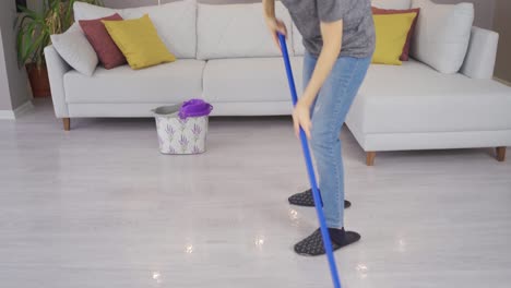 the woman cleaning her house throws a mop.