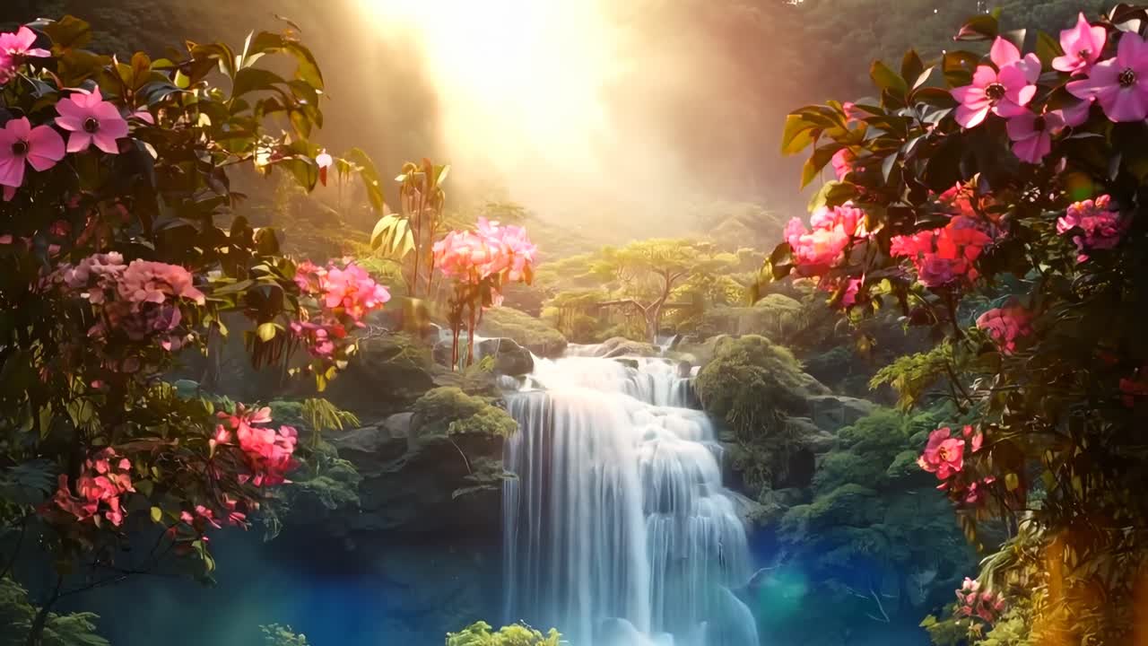 Cascata magica in una foresta lussureggiante con fiori rosa