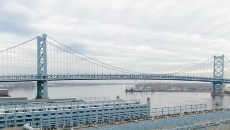 benjamin franklin bridge on an overcast day in 2020 without traffic due to curfew preventing covid-19 spread