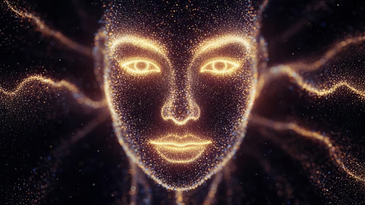 A Glowing Representation of a Digital Face Illuminated by Sparkling Particles, Emphasizing the Fusion of Technology and Artistry in a Mesmerizing Display