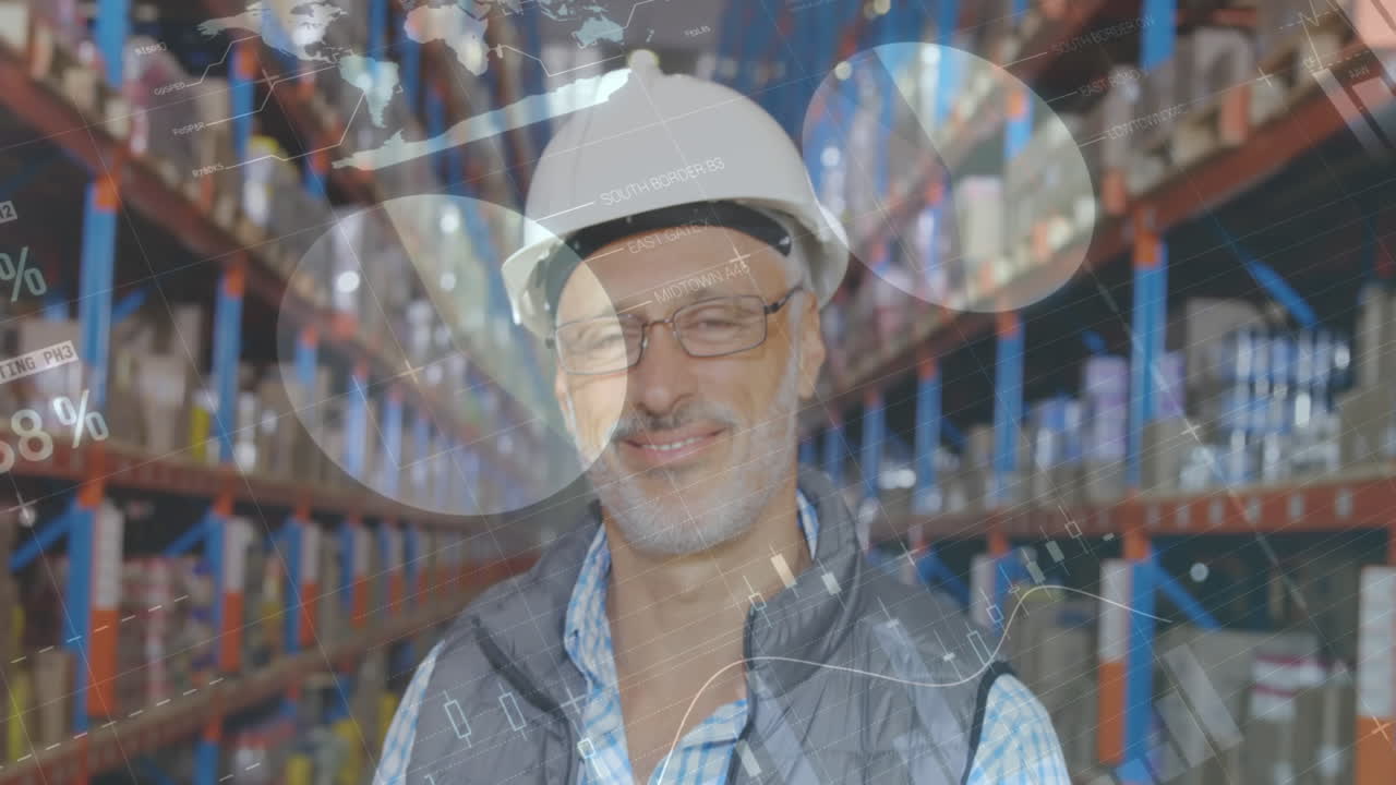 procesamiento de datos estadísticos sobre el retrato de un supervisor masculino caucásico sonriendo en el almacén