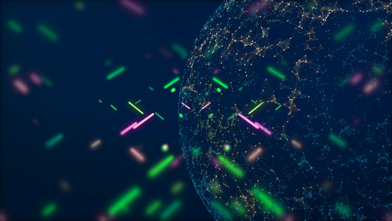 3d 렌더링 추상 지구와 플렉서스 삼각형 구조와 다채로운 선 입자가 날아갑니다.