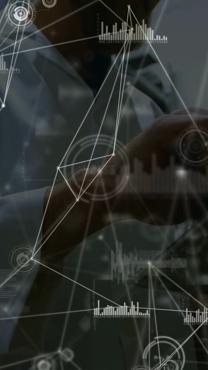Vertical video: Labcoat man hovering then tapping touchscreen, activating node graphs for lab data