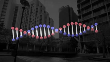 Animation-Eines-DNA-Strangs,-Der-Sich-über-Einem-Stadthintergrund-Dreht.