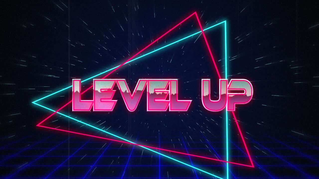 nivel de texto retro glitching sobre triángulos azules y rojos en efecto de hiperespacio blanco