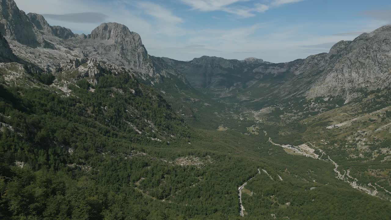 Mountain valley with winding road leading to Theth under a partly cloudy sky and rocky peaks