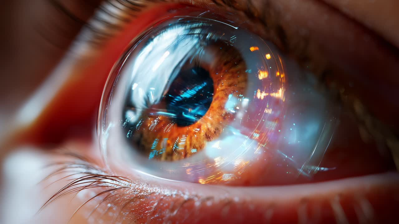 A Captivating Close-Up of a Human Eye with a Futuristic Reflection, Showcasing Intricate Details of the Retina and Dazzling Colors that Emphasize the Depth and Complexity of Vision in a Technologically Enhanced World