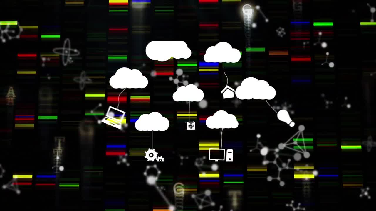 Animation of clouds with icons over moving columns and molecules