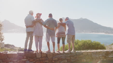 rear view of senior friends visiting tourist landmark on group vacation looking out at bay