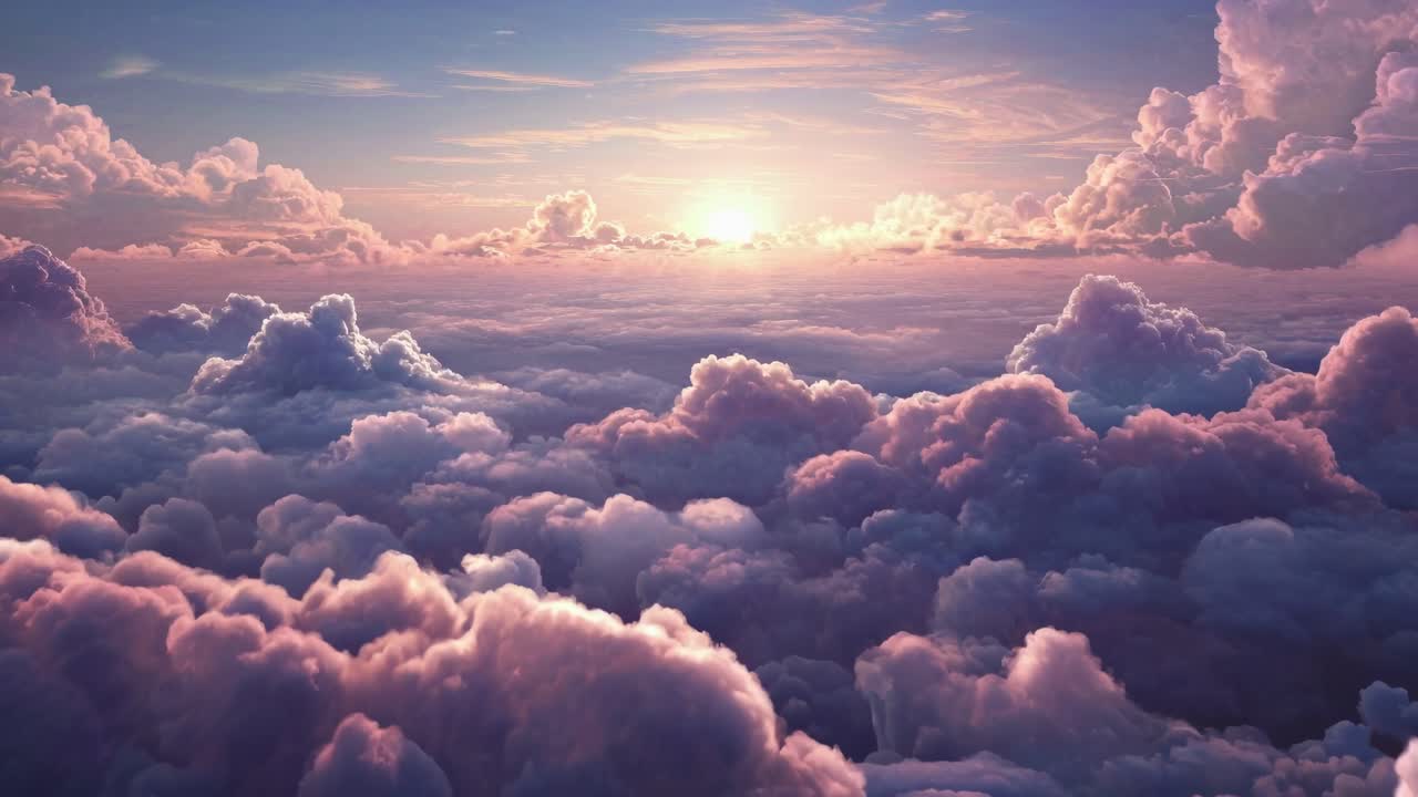 A serene, pastel-colored sky filled with fluffy clouds at sunset, captured from a low angle, perfect