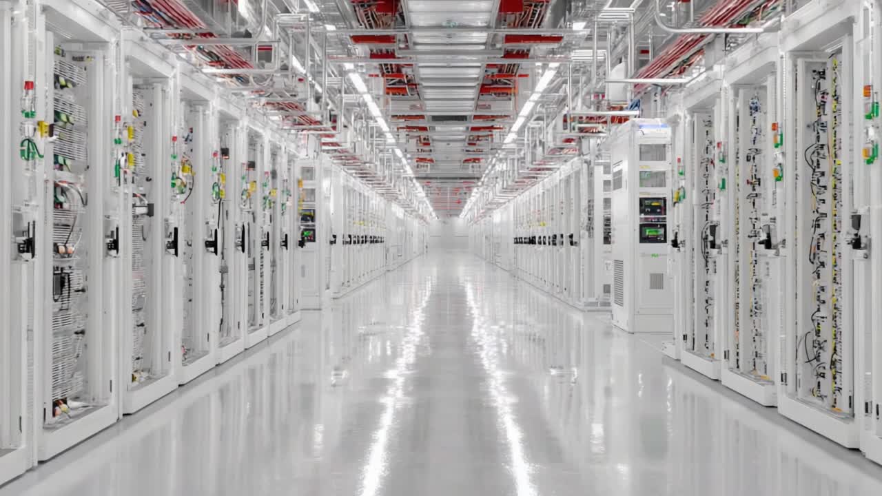 A Gleaming Corridor of Advanced Data Center Equipment Showcasing Cutting-Edge Technology and Infrastructure in a State-of-the-Art Facility
