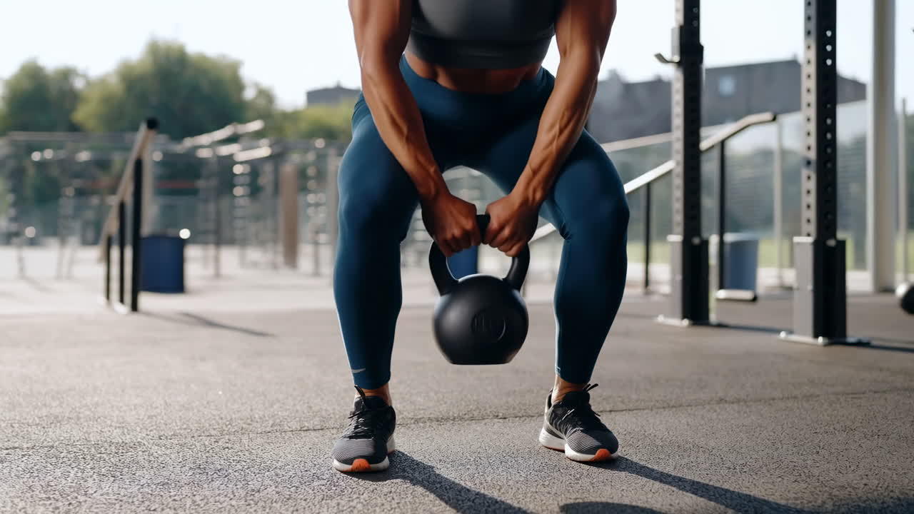 Atleta che oscilla una kettlebell su pavimento di palestra all'aperto, hip hinge esplosivo che alimenta oscillazioni controllate, core attivo.