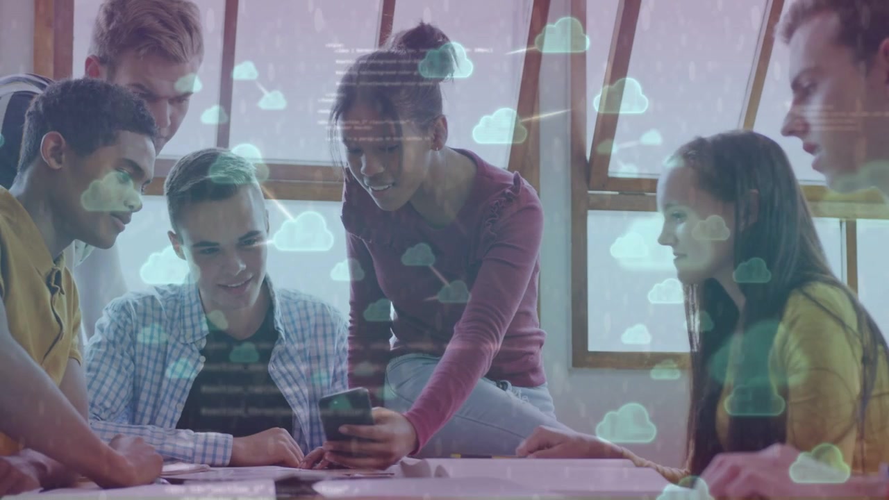 Female student showing smartphone, peers studying over notebooks, cloud icons and code overlaying