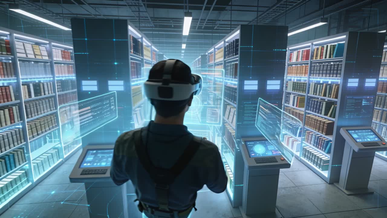 VR headset activating, male user on harness reaching holograms in archive aisle, browsing catalog