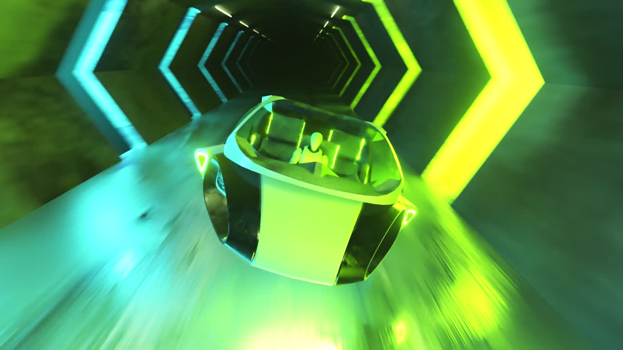 네온 불빛으로 조명된 터널에서 미래의 차량