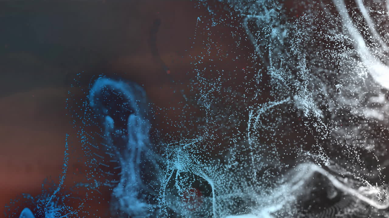Animation of glowing blue and white particle waves and red flashes moving on dark background