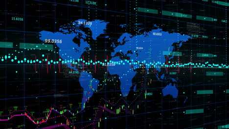 global financial data and stock market trends animation over world map