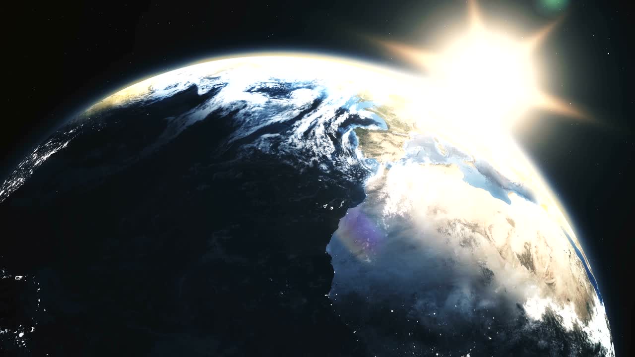 지구 위에서 매우 세부적인 현실적인 서사시적인 해가 뜨는 3d 애니메이션
