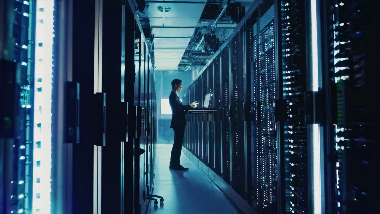 Silhouette of a person working in a dimly lit server room, captured from a low angle