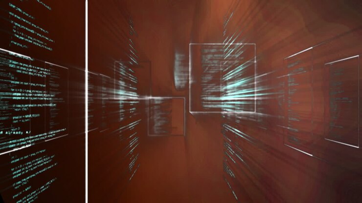 Animation of data processing over light spots on black background