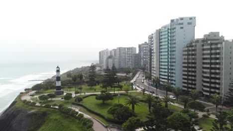 aerial shot of malecon de miraflores with lighthouse