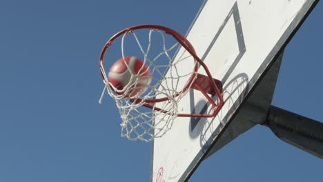 slow motion, basketball shot made off the backboard outdoor court