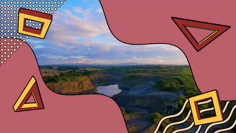 Animation of network of retro shapes moving over landscape and sky