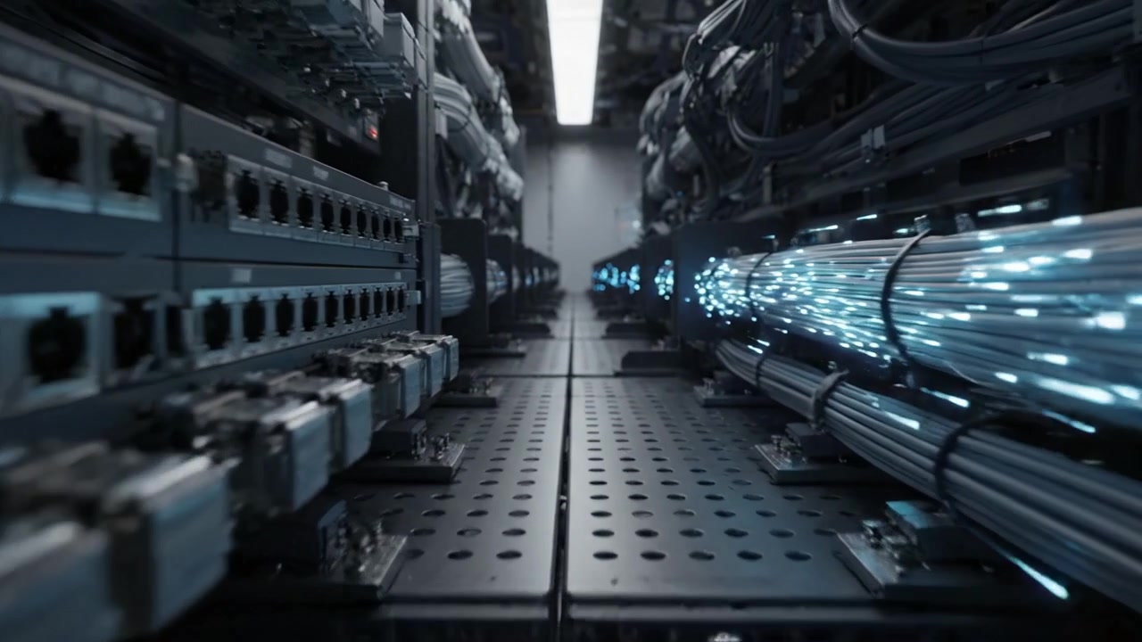 A Detailed View Inside a High-Tech Server Room Featuring Advanced Data Cables and Networking Equipment for Efficient Data Management and Connectivity.