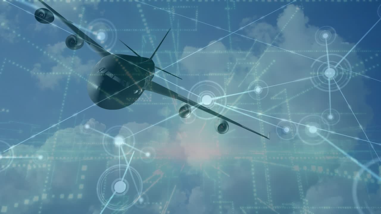 Animation of network of connections and light trails over plane flying in the sky