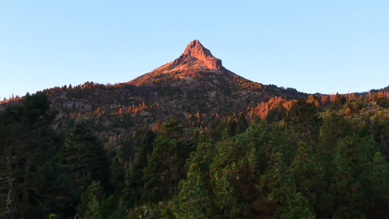 Cima del vulcano Nevado de Colima all'alba sopra una foresta di pini in Messico, vista aerea.