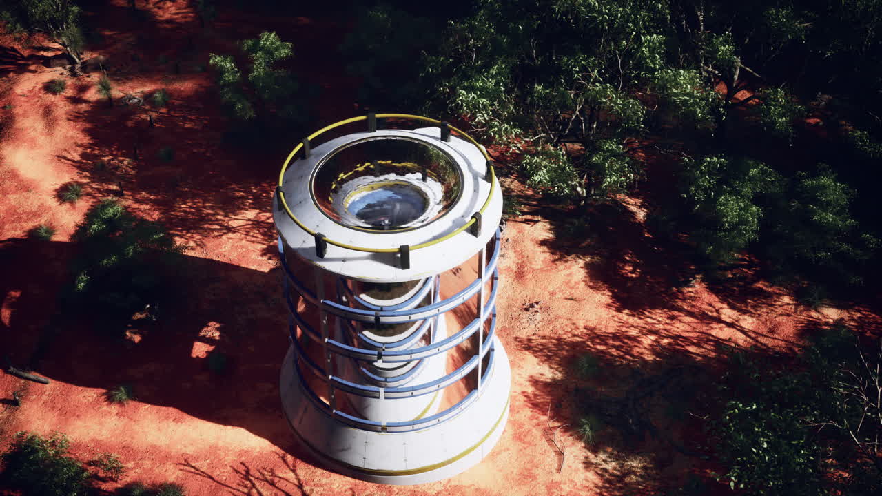 torre de observatorio futurista en un paisaje desértico