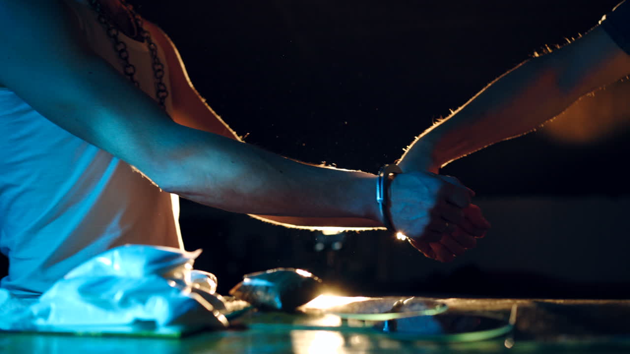 policeman are putting on handcuff a drug dealer. Illegal drug trafficking