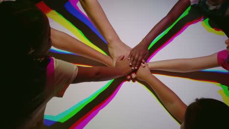 colorful hands children celebrating teamwork multicultural celebration of global community multicolor light creative equality concept