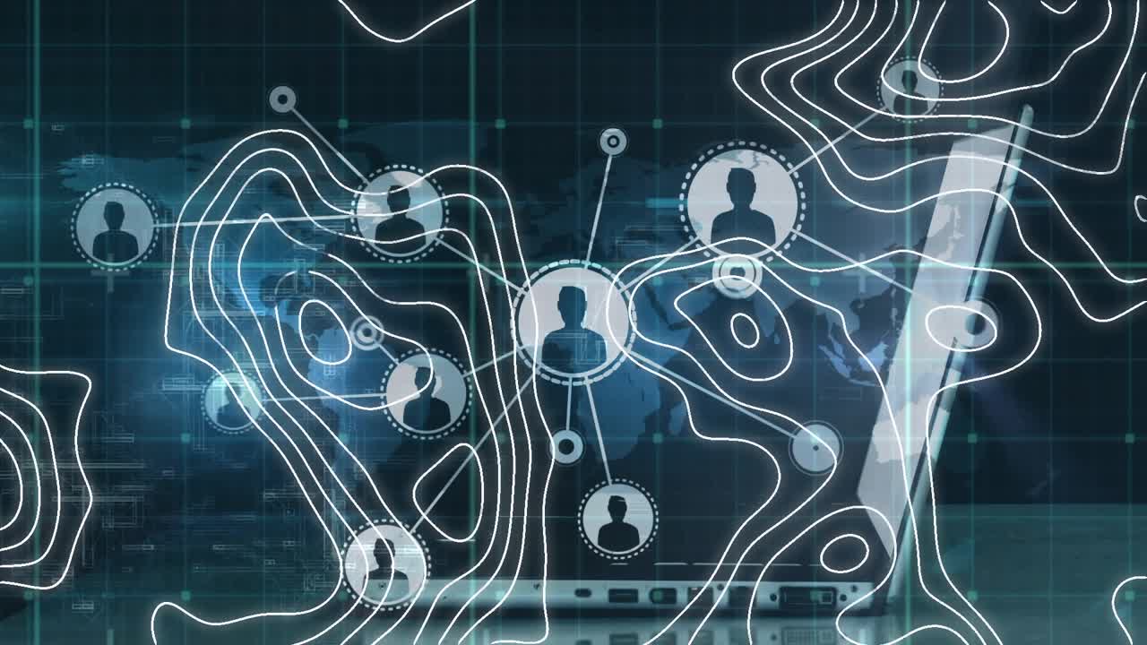 Animation of topography and network of profile icons over mid section of man using laptop
