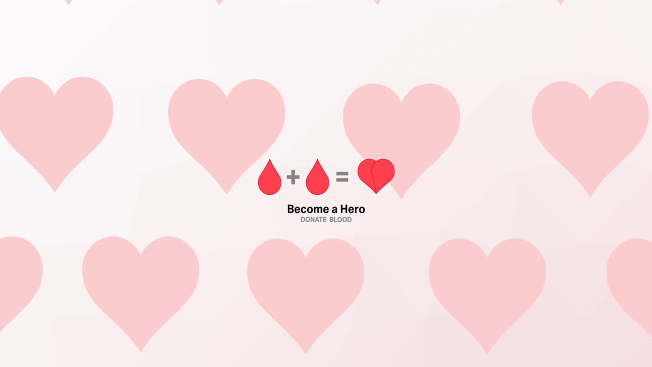 영웅이 되는 애니메이션 혈액 기증 혈액 방울과 분홍색 배경에 심장이 있는 텍스트