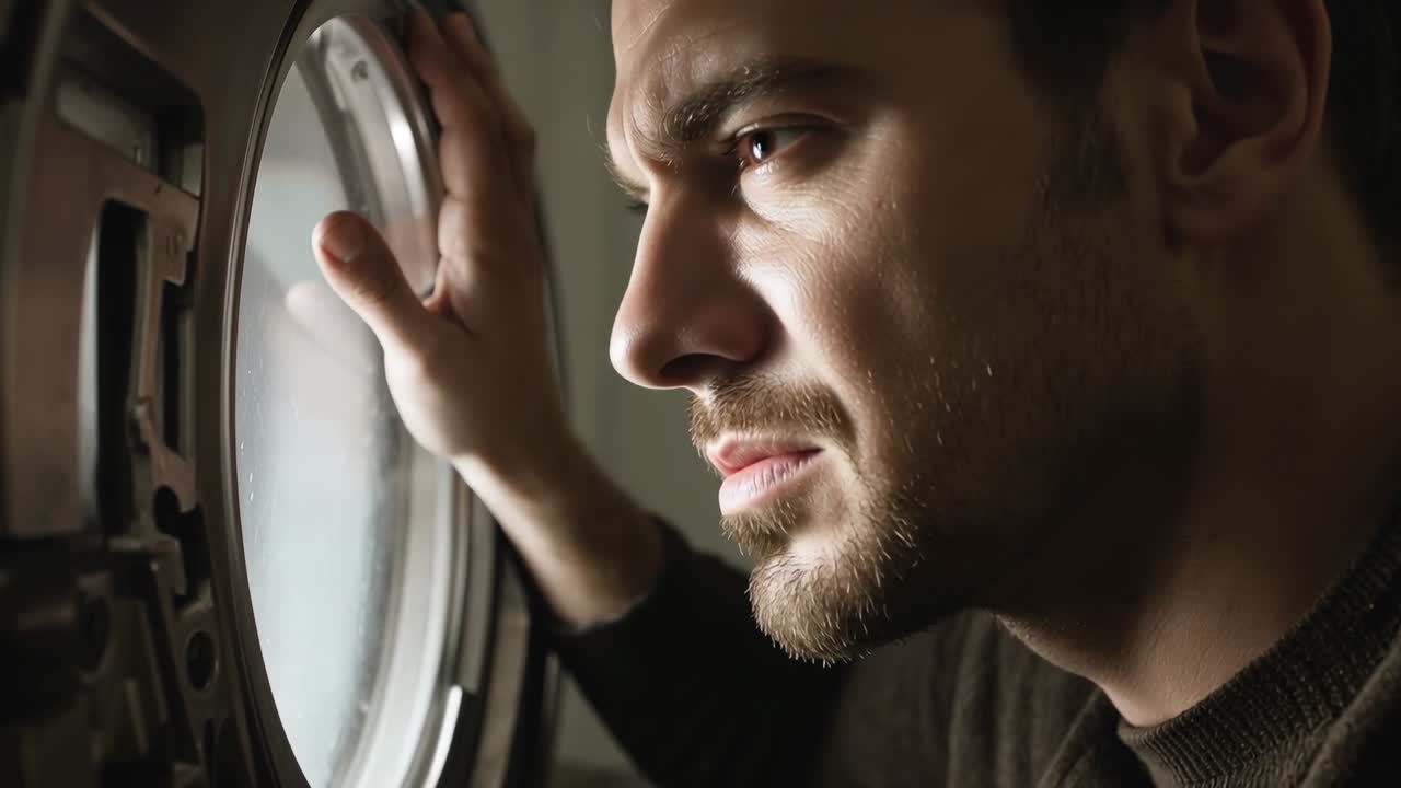 Uomo con maglione scuro che individua una luce, sporgendosi in una cabina, appoggiando i palmi sul telaio dell'oblò e ispezionando.